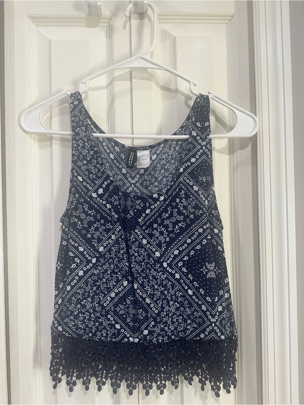 Navy Bandana Print Crochet-Hem Tank Top US 2 small